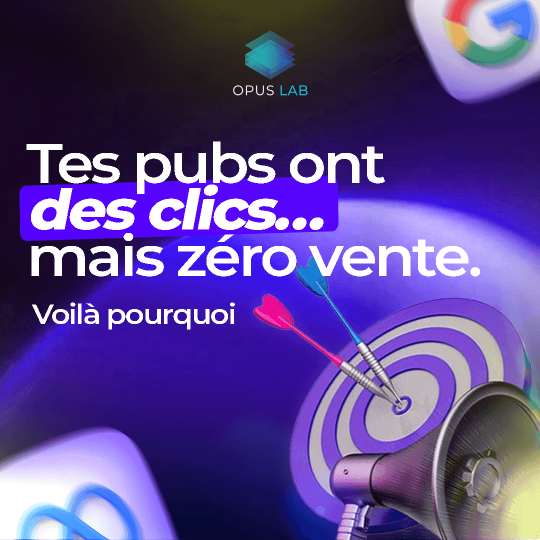 Illustration marketing montrant des publicités digitales avec des clics mais sans conversion, cible avec fléchettes et message sur les ads inefficaces.
